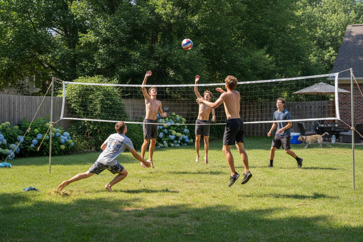 Guys playing backyard volleyball